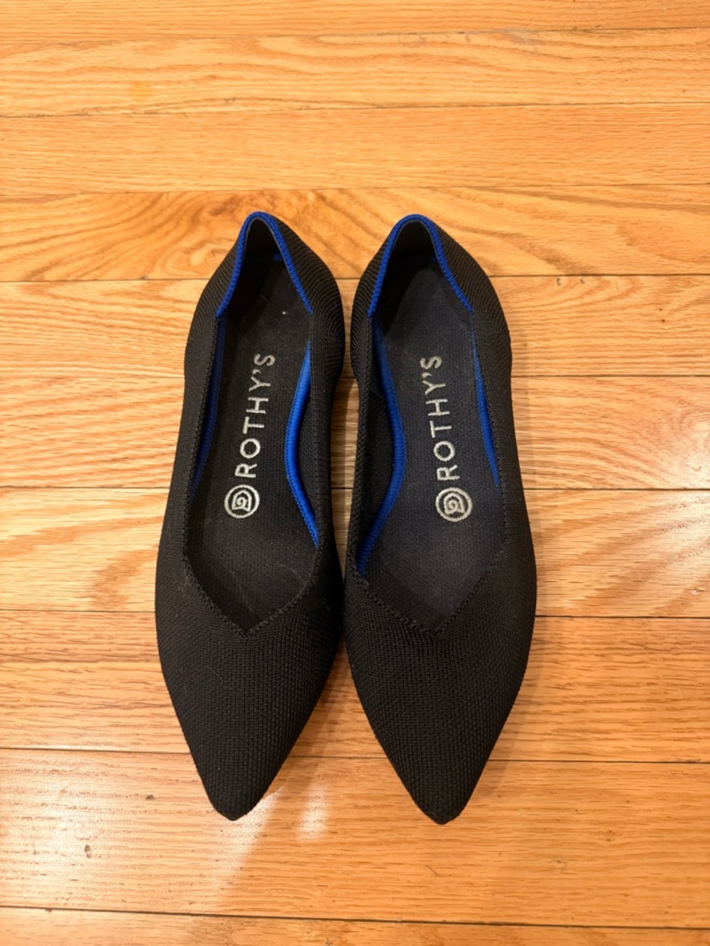 Rothy's Black Pointed Knit Flats with Blue Trim